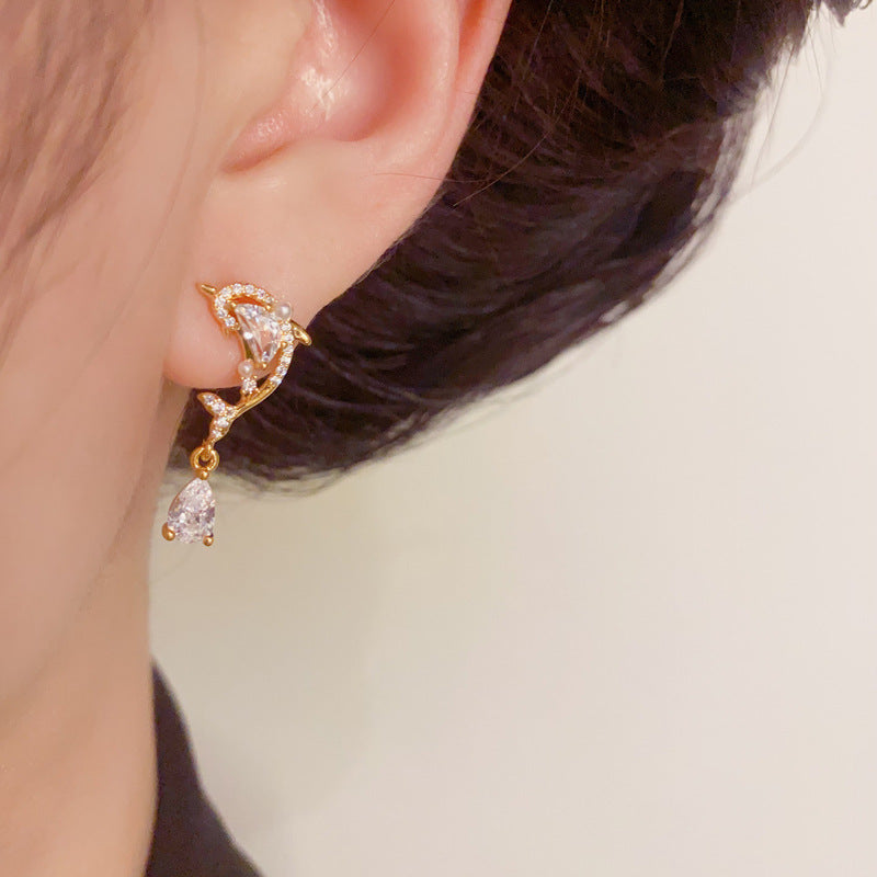 14K Gold Luxury Dolphin Waterdrop Drop Earrings – S925 Silver Needle