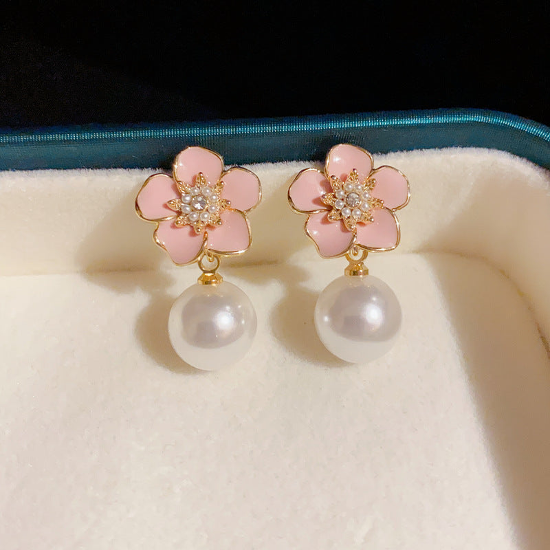 14K Gold-Plated Camellia Pearl Drop Earrings – French Chic Design