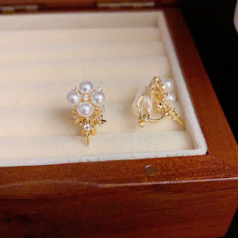14K Gold-Plated Pearl Star Tassel Clip-On Earrings– No Piercing Needed