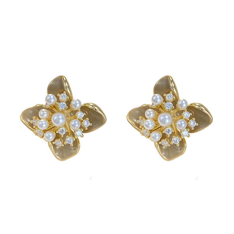 Luxury Zircon Pearl Enamel Petal Stud Earrings – Floral Design