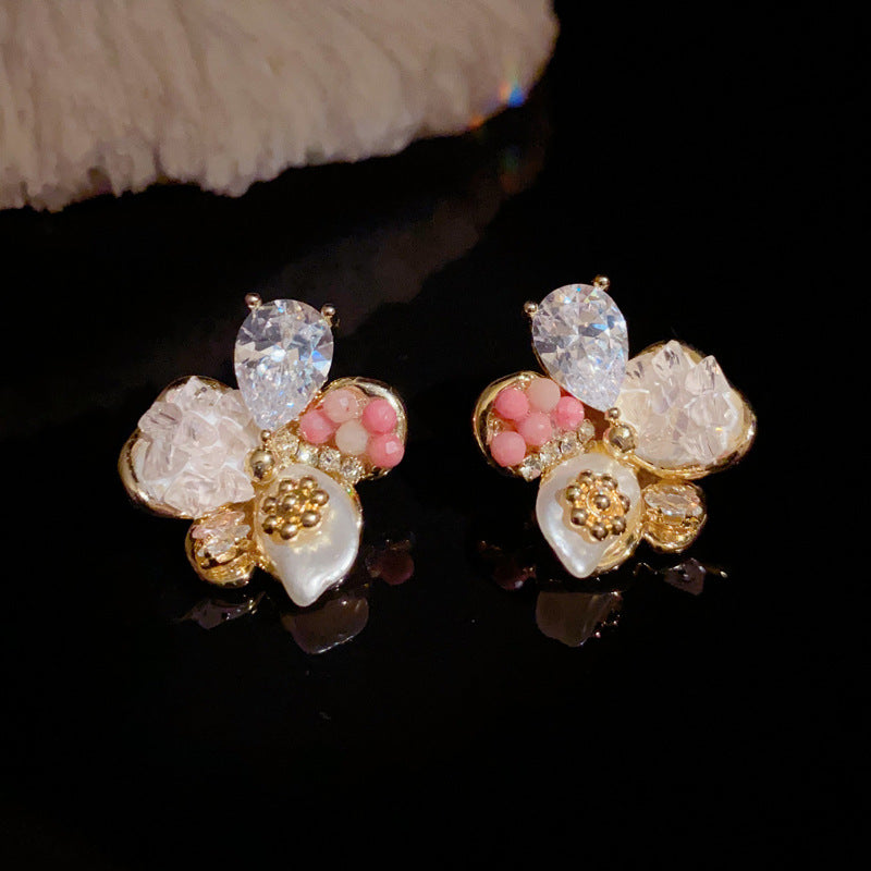 14K Gold Zircon Pearl 5 Petal Flower Stud Earrings-Chic Elegant Design