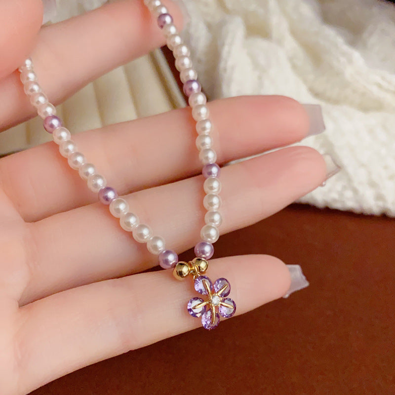 14K Gold-Plated Purple Flower Pendant Pearl Necklace – Elegant Design