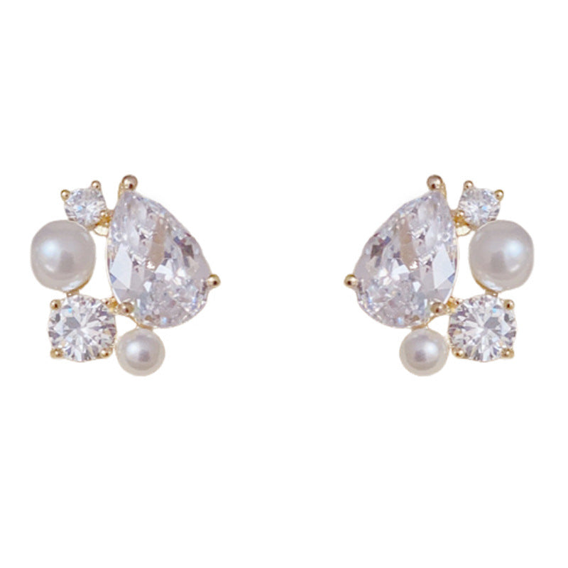 14K Gold Luxury Pearl & Zircon Waterdrop Stud Earrings– Elegant Design