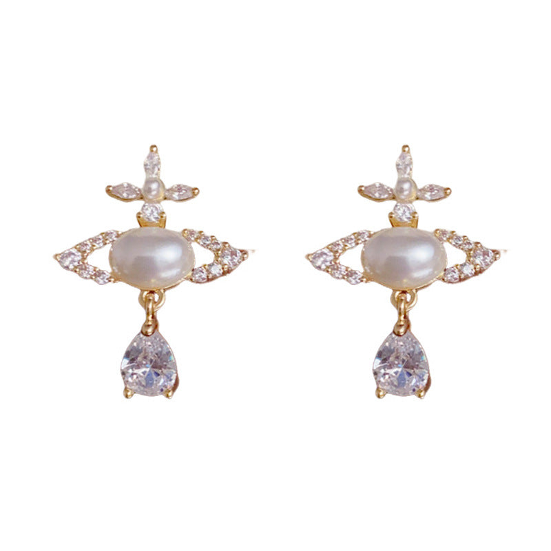 Luxury Full-Zircon Pearl Saturn Teardrop Earrings – Elegant Design