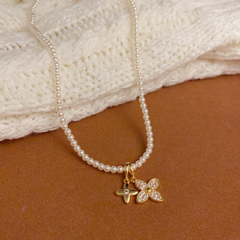 14K Gold Zircon Four-Leaf Flower Pearl Pendant Necklace–Elegant Design