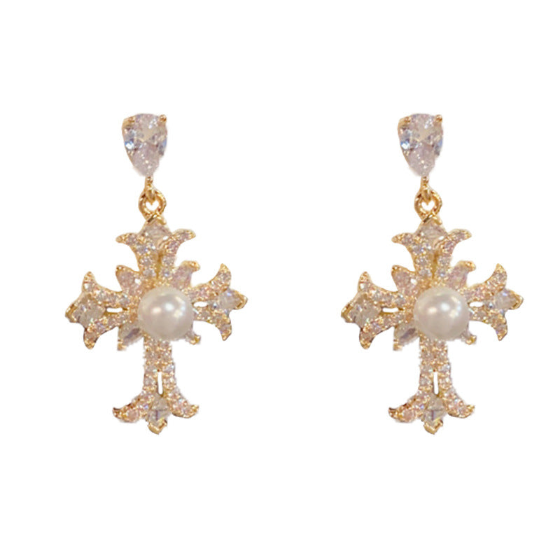 14K Gold Cross Elegant Earrings – Cubic Zircon & Pearl for Women