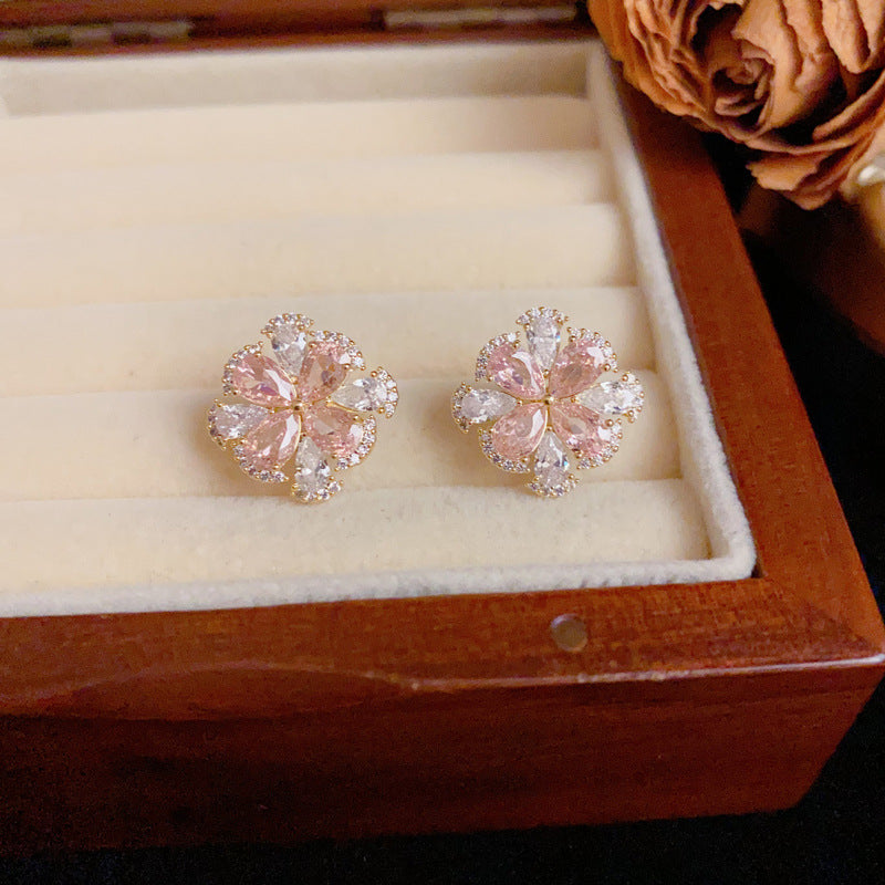 14K Gold Full-Zircon Crystal Petal Stud Earrings – S925 Silver Needle