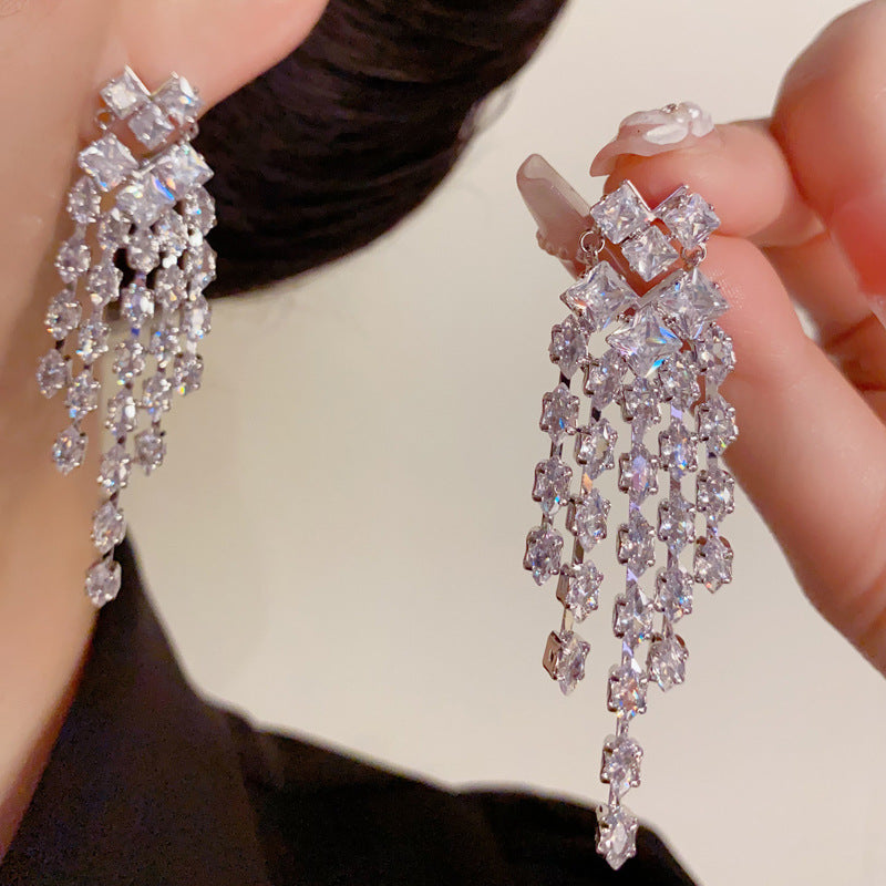 14K Gold-Plated Full Diamond Heart Tassel Earrings – Glamorous Design