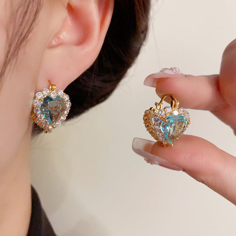 14K Gold Blue Zircon Double Heart Earrings - Chic Elegance Design