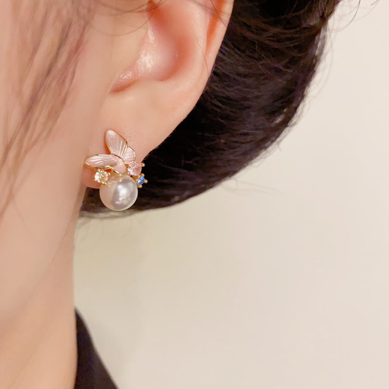 Luxury Pink Butterfly & Pearl Stud Gold Earrings – Elegant Design