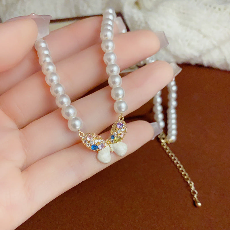 14K Gold-Plated Colorful Butterfly Pearl Necklace –Elegant Sweet Style