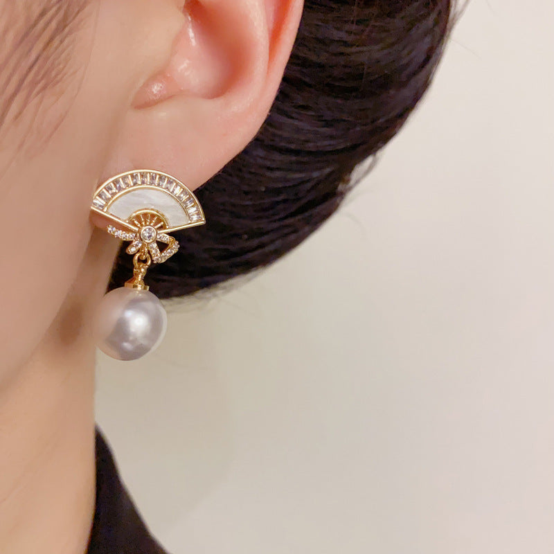 14K Gold-Plated Asymmetric Fan Pearl Tassel Earrings – French Design