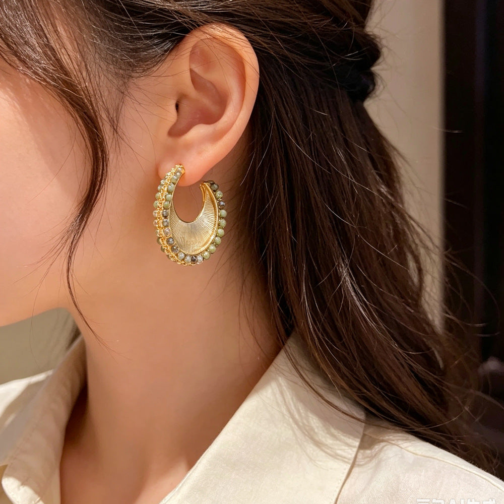 Eaioncol Green Beaded Metal Hoop Earrings 14K Gold Plated