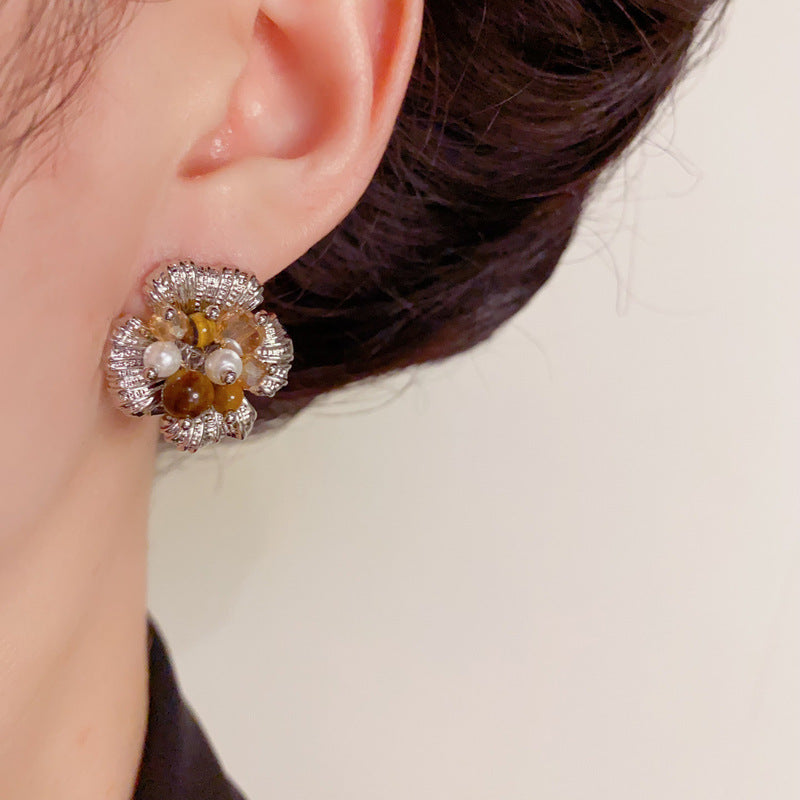 Elegant Tiger's Eye & Glass Bead Flower Earrings – Floral Design