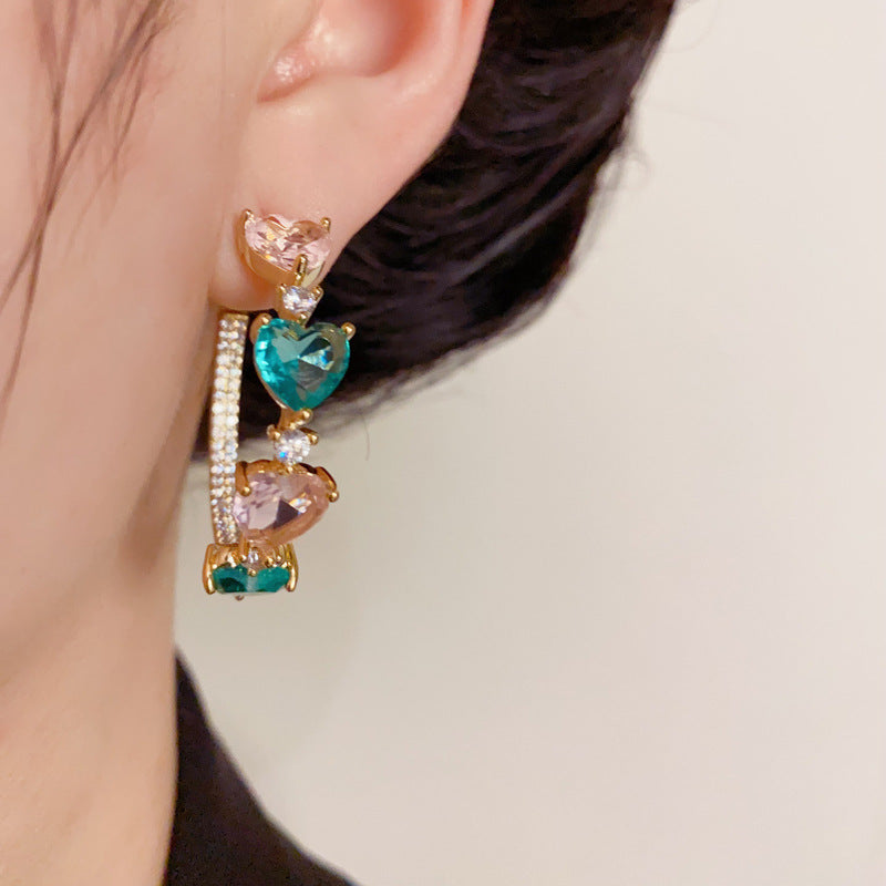 14K Gold Colorful Heart C-Shaped Hoop Earrings – Bold & Chic Design