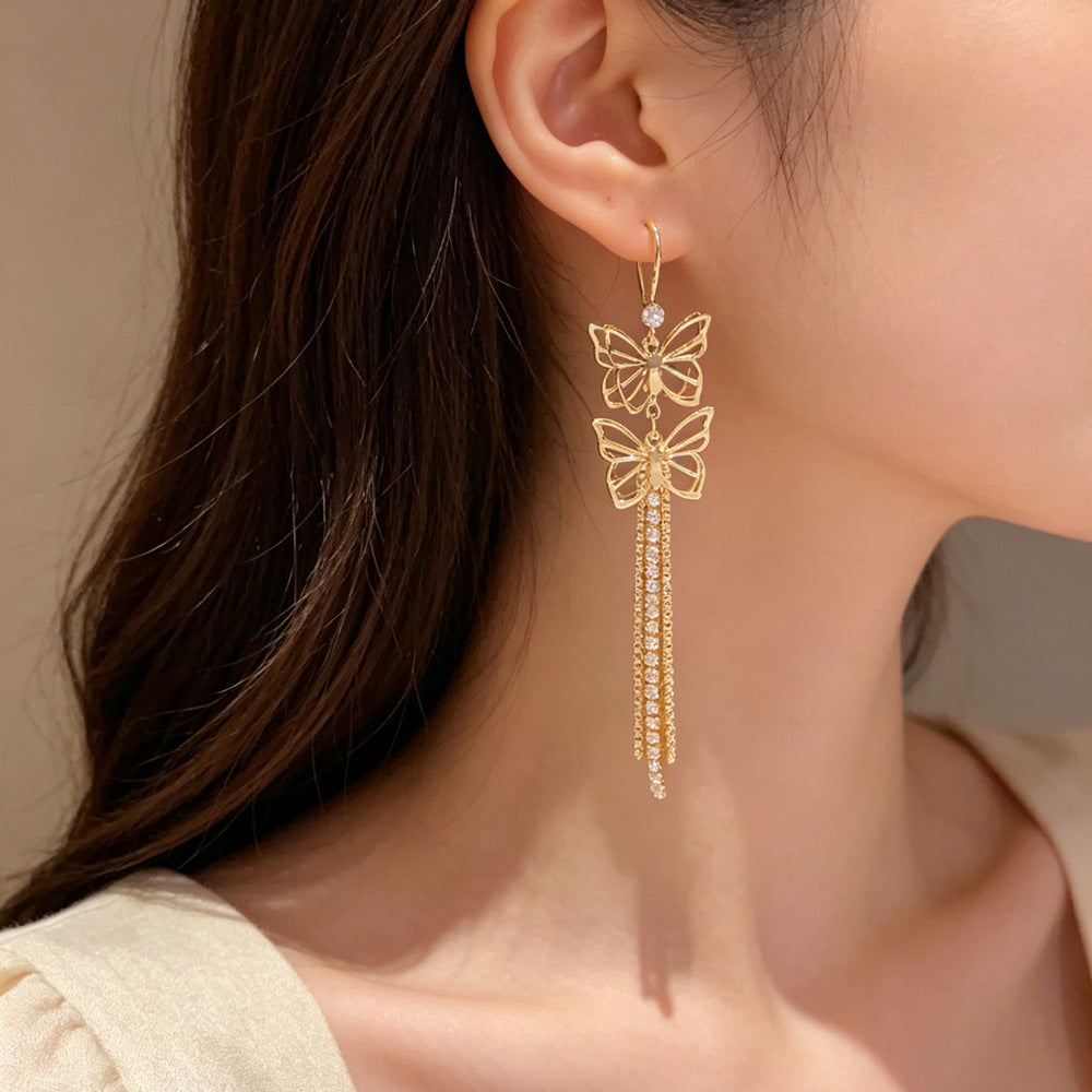 Eaioncol Cutout Butterfly CZ Tassel Drop Earrings Gold Silver