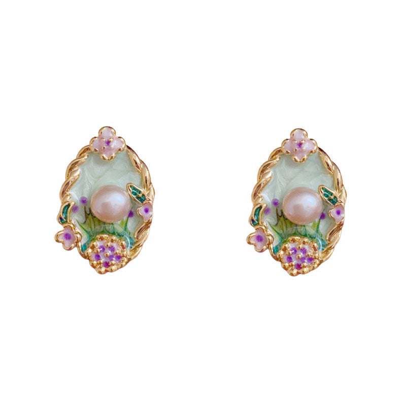 Colorful Enamel Petal & Pearl Stud Gold Earrings – Elegant Design