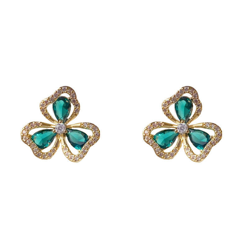 Luxury Zircon Green Clover Stud Earrings – Floral Design