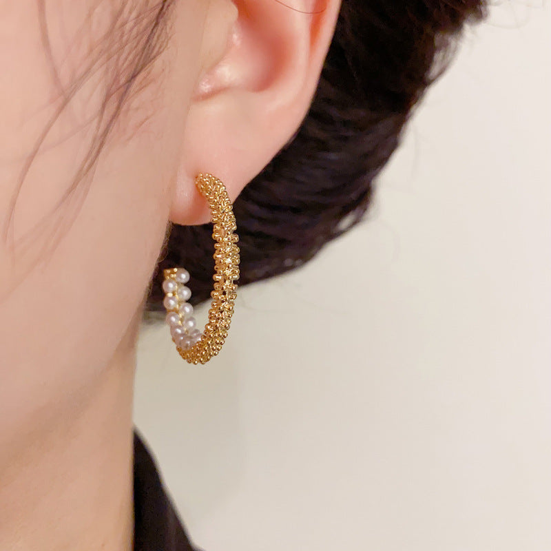 14K Gold Crushed Silver Pearl Hoop Earrings- Chic Minimalist Design