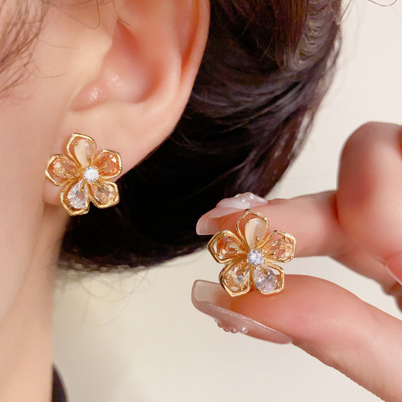 14K Gold Crystal Flower Clip-On Earrings – Elegant No-Piercing Design