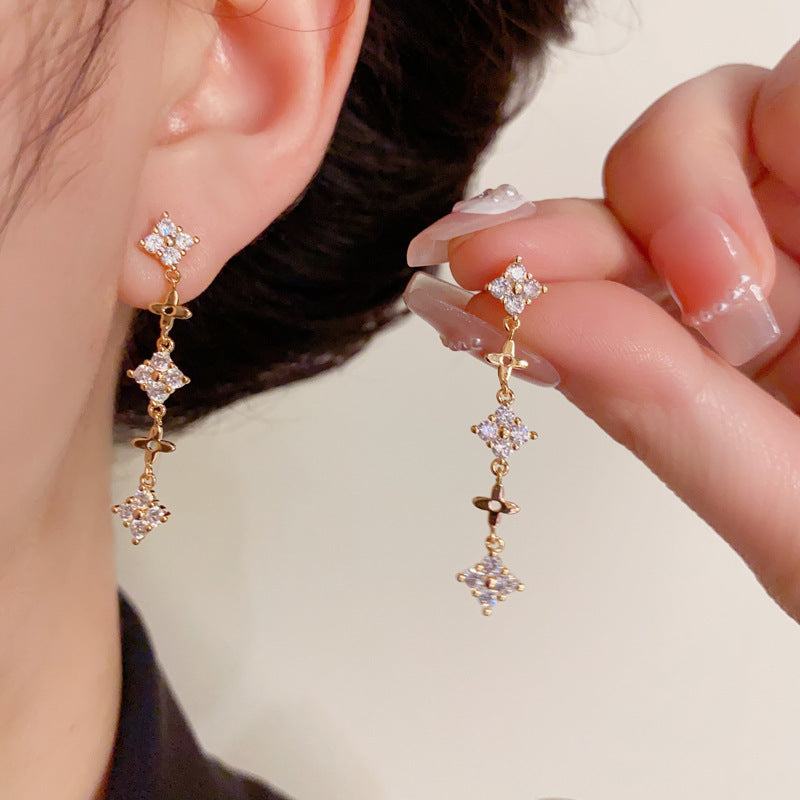 14K Gold Full Zircon Star Tassel Drop Earrings - Chic Elegance Design