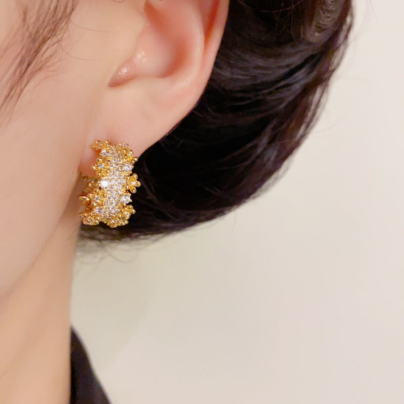 14K Gold Full Rhinestone C-Hoop Earrings – Sparkling Minimalist Style