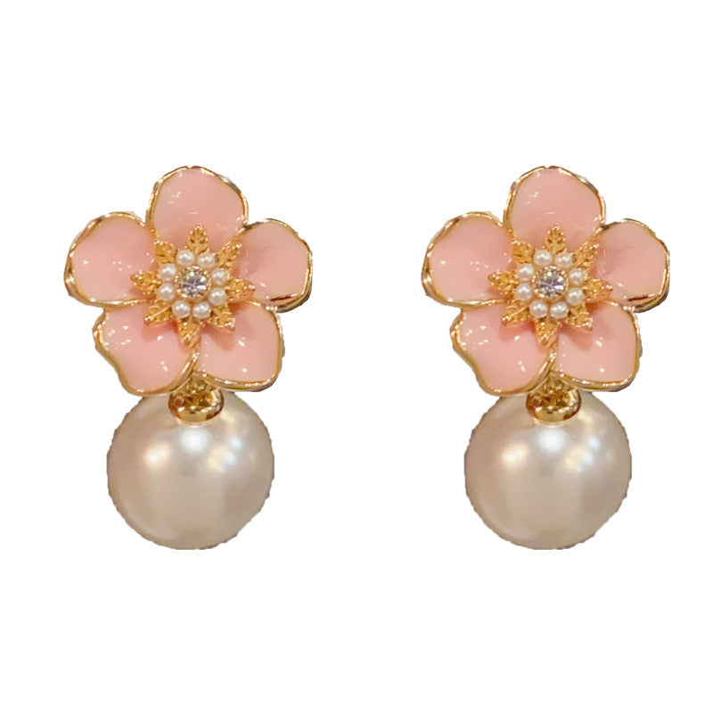 Eaioncol Floral Petal Pearl Drop Earrings Pink