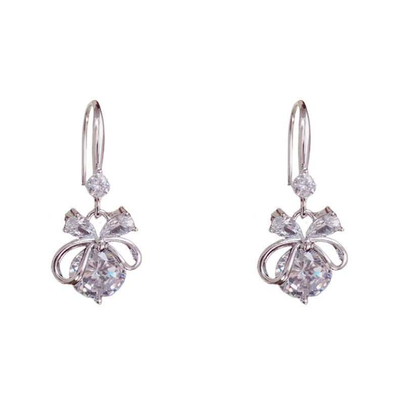 Luxury Zircon Bow Ear Hook Earrings – Silver Needle Elegant Design