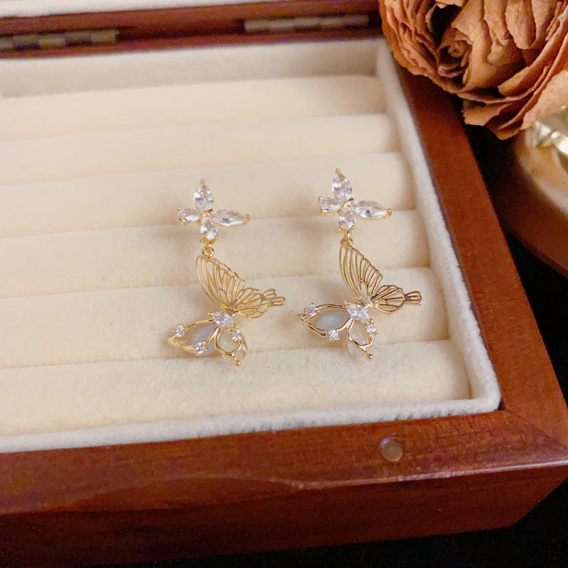 14K Gold Zircon Butterfly Tassel Drop Earrings – S925 Silver Needle