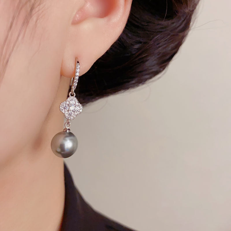 Elegant Zircon Four-Leaf Flower Gray Pearl Ear Hooks – French Design