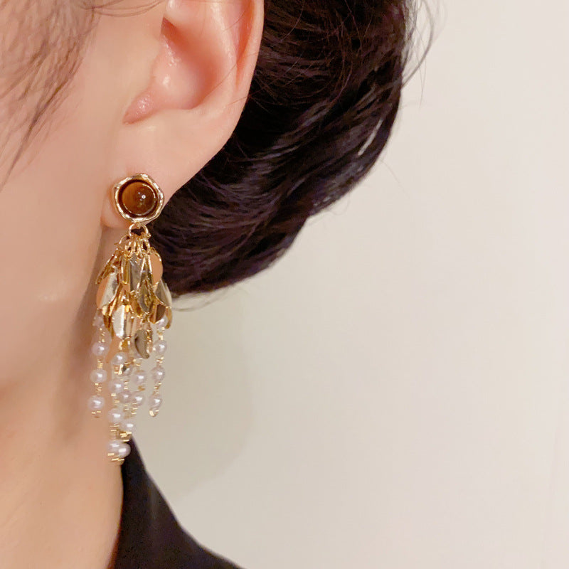 Elegant Tiger's Eye Leaf & Pearl Tassel Earrings – Floral Design