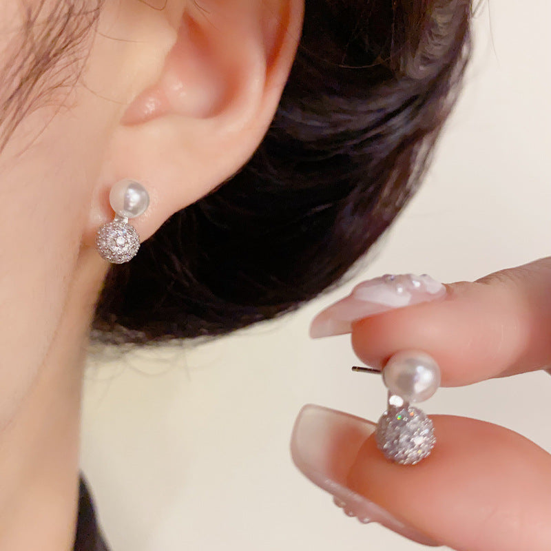 14K Gold-Plated Pearl Pave Ball Stud Earrings – Minimalist Chic Design