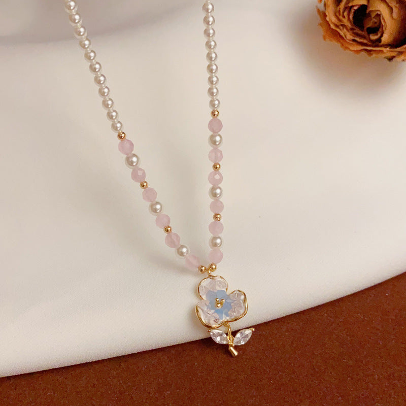 14K Gold Sweet Crystal Flower Bead Pendant Necklace – Pearl Chain