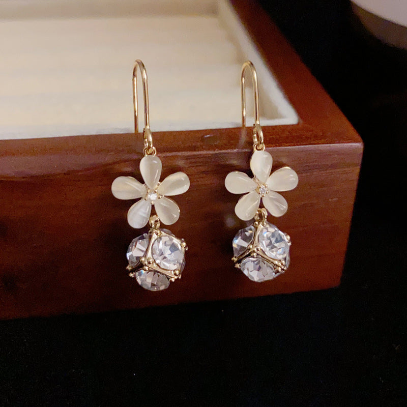 14K Gold Cat Eye Petal Zircon Ball Drop Earrings- Chic Elegance Design