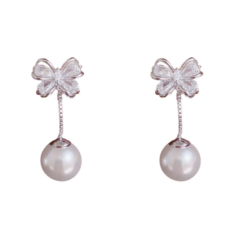 Luxury Zircon Bow & Two-Way Pearl Drop Earrings – Silver Needle Design