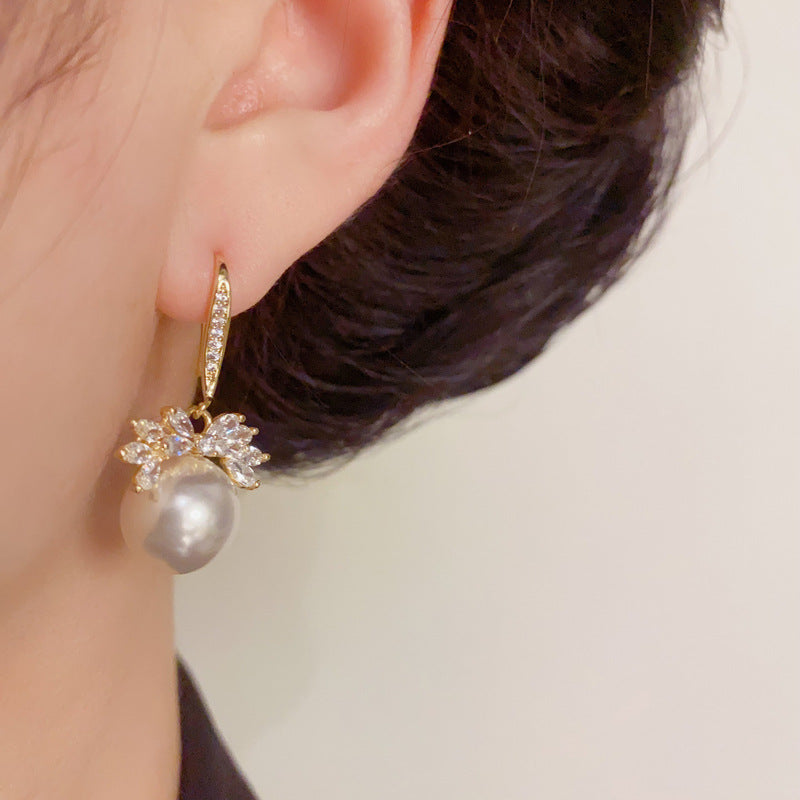 Zircon Leaf & Pearl Ear Hook Earrings – Silver Needle Floral Design