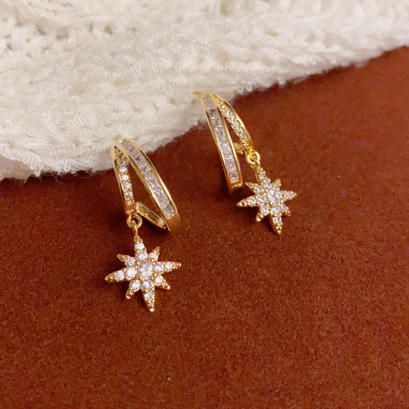 14K Gold Full Zircon Eight-Pointed Star Drop Earrings – Chic Design