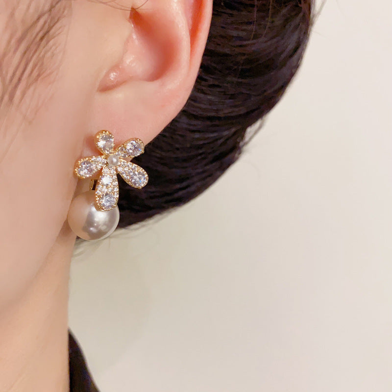 14K Gold-Plated Full Zircon Flower Pearl Earrings – Dual-Wear Design