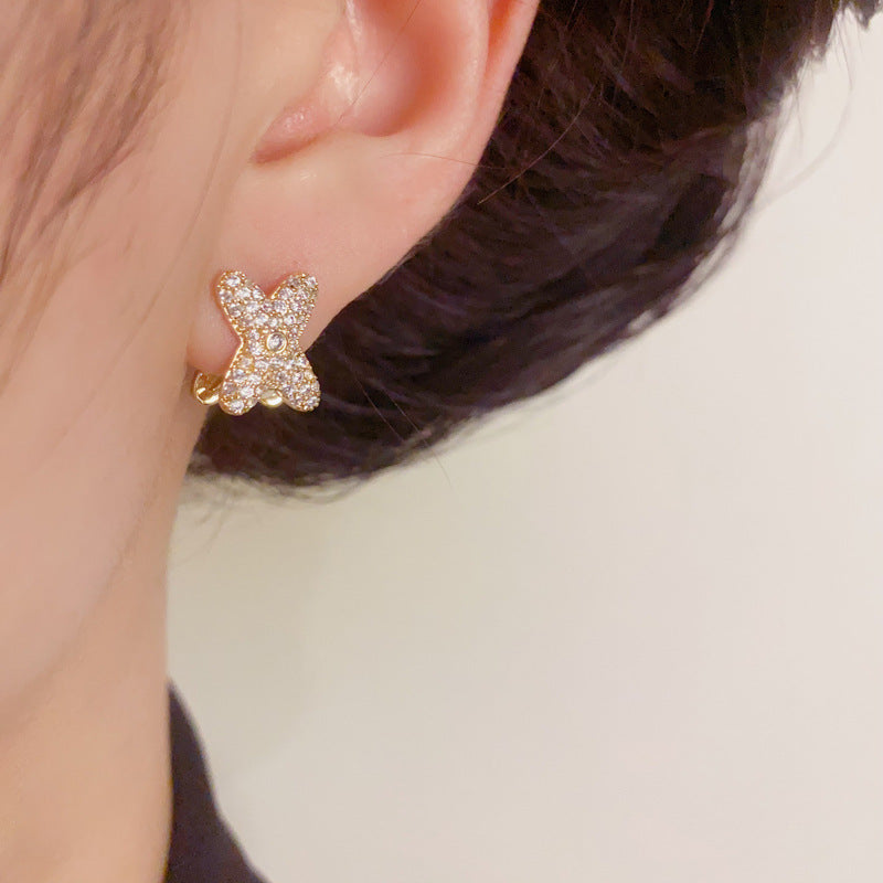 14K Gold Zircon & Mother-of-Pearl Cross Earrings – Elegant Design