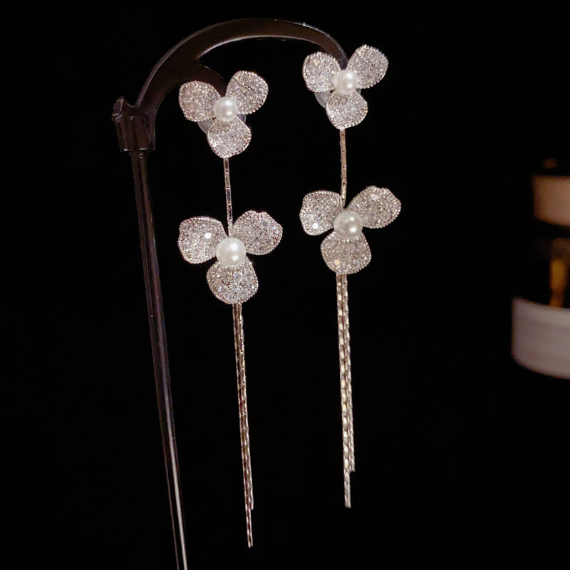 14K Gold Zircon Three-Petal Flower Tassel Earrings – Elegant Design