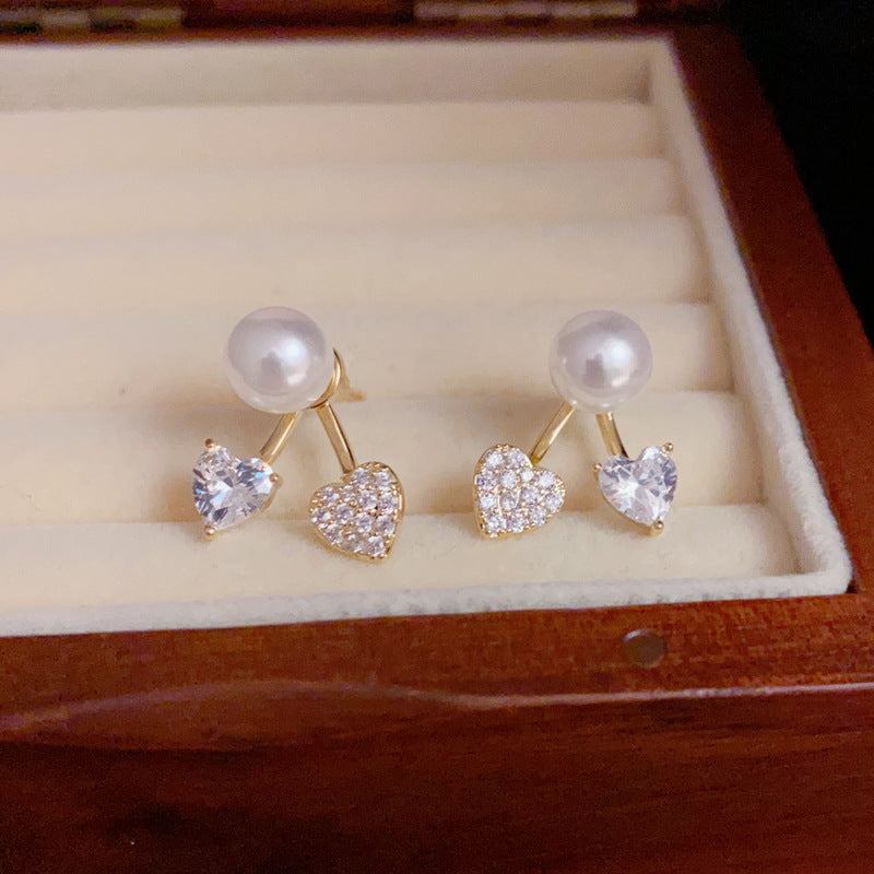 14K Gold-Plated Zircon Pearl Heart Stud Earrings - Elegant Chic Design