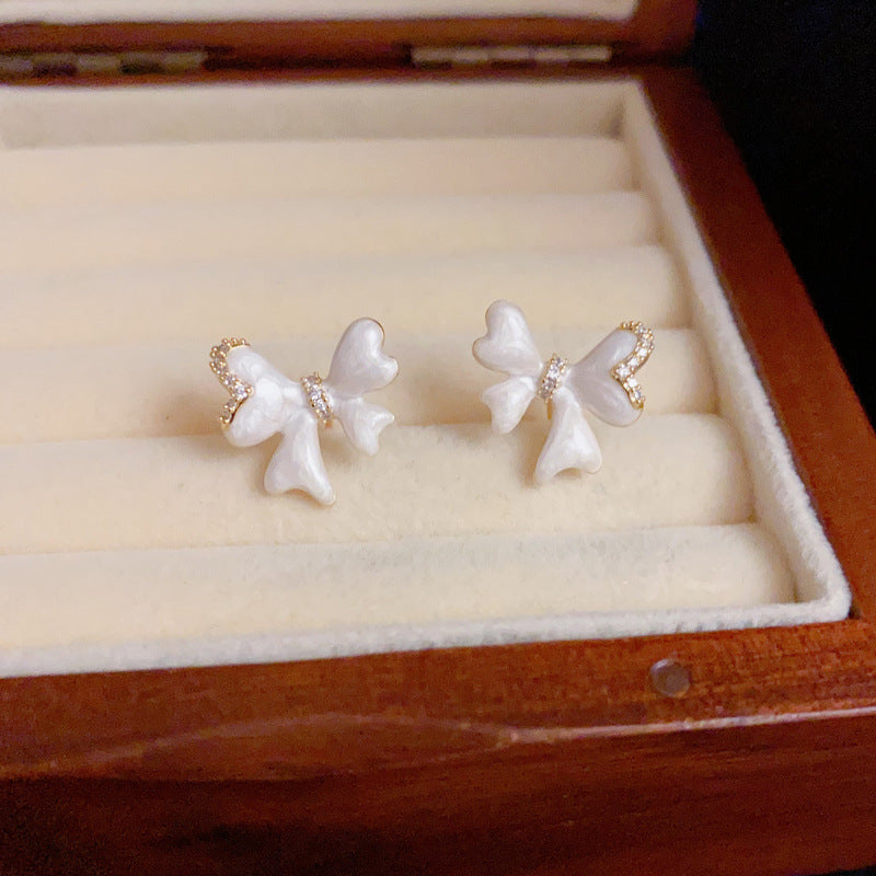 14K Gold Sweet Enamel & Zircon Bow Stud Earrings – Elegant Design