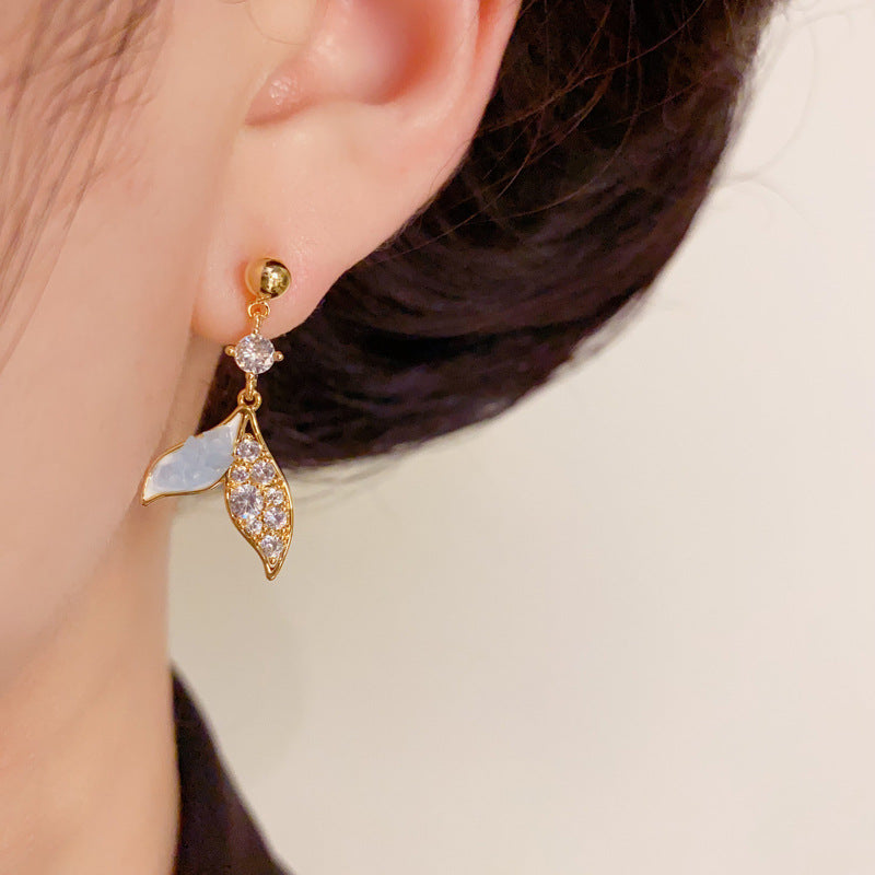 14K Gold Minimalist Blue Fishtail Zircon Drop Earrings– Elegant Design