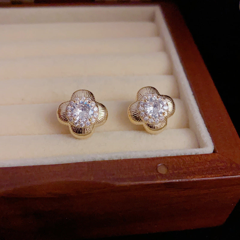 14K Gold-Plated Diamond-Encrusted 4-Leaf Stud Earrings- Elegant Design