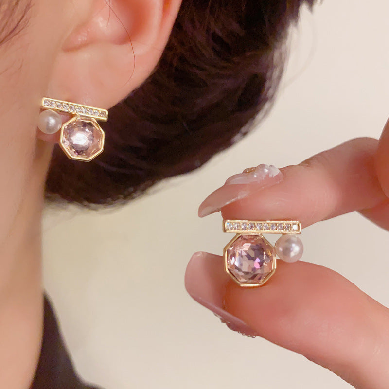 14K Gold Vintage Geometric Pearl Stud Earrings – S925 Silver Needle