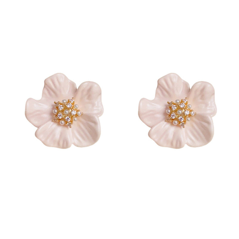 14K Gold Sweet Pink Camellia Zircon Stud Earrings – Elegant Design