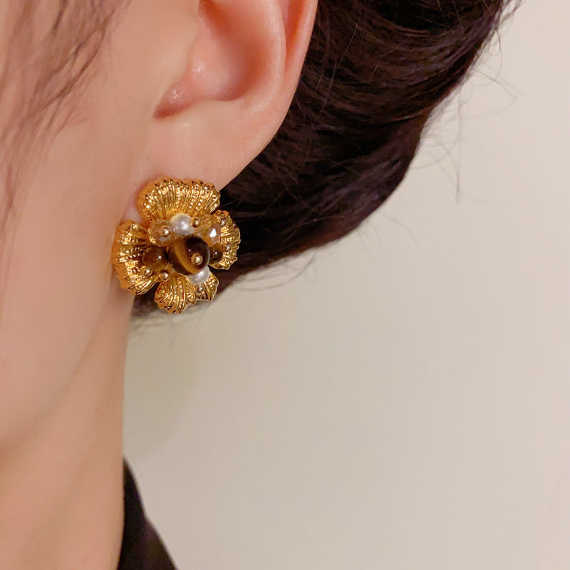 Elegant Tiger's Eye & Glass Bead Flower Earrings – Floral Design