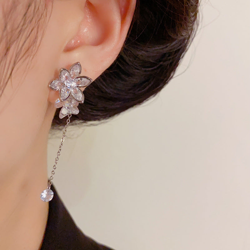 Luxury Zircon Petal Long Tassel Drop Earrings – Elegant Floral Design