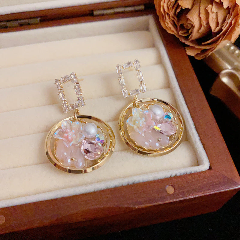 Elegant Zircon Petal Round Ring Drop Gold Earrings – Geometric Design