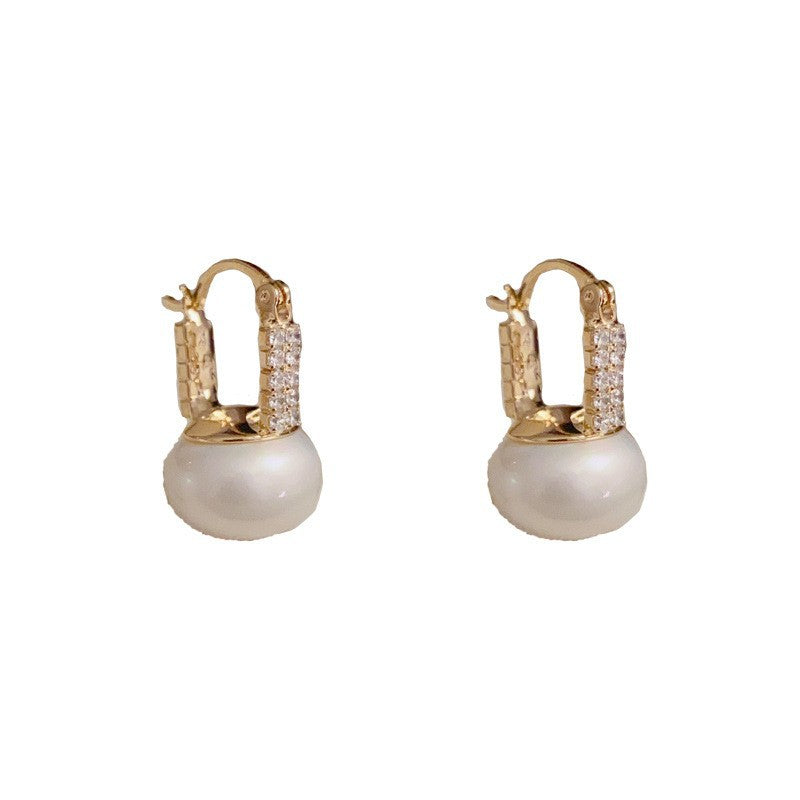 14K Gold Full Zircon Square Pearl Earrings - Chic Elegance Design